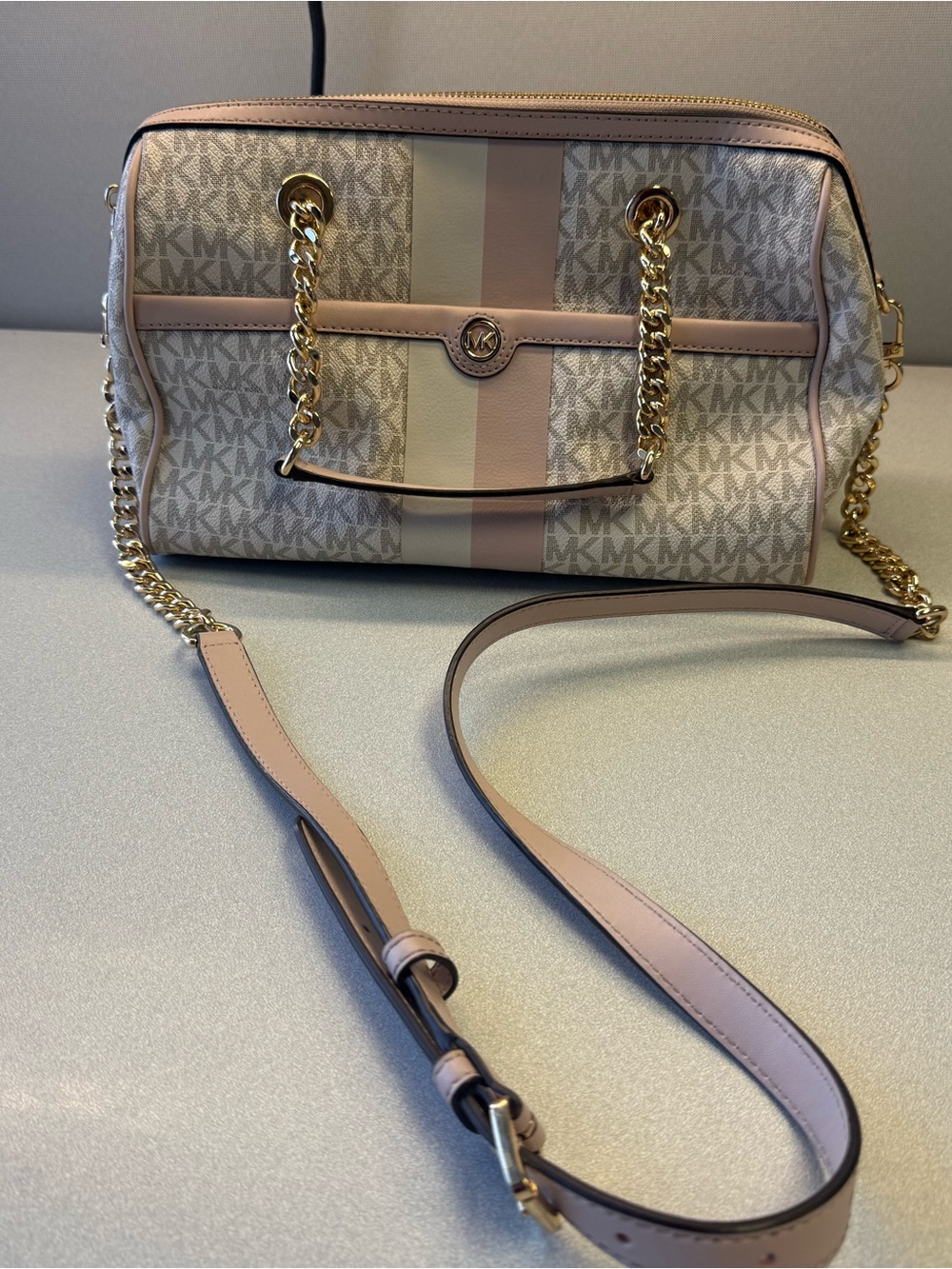 Michael Kors Pink and Cream MK Logo Chain-Handle Shoulder Bag